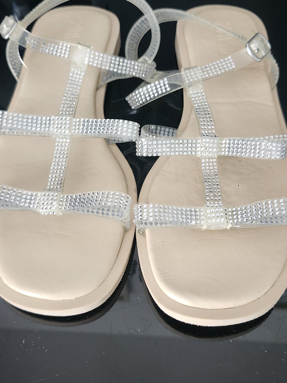 Zara Nude Gem-Embellished Clear-Strap Sandals